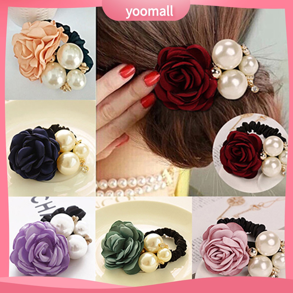 Dây buộc tóc hình hoa hồng đính ngọc trai giả xinh xắn dành cho nữ