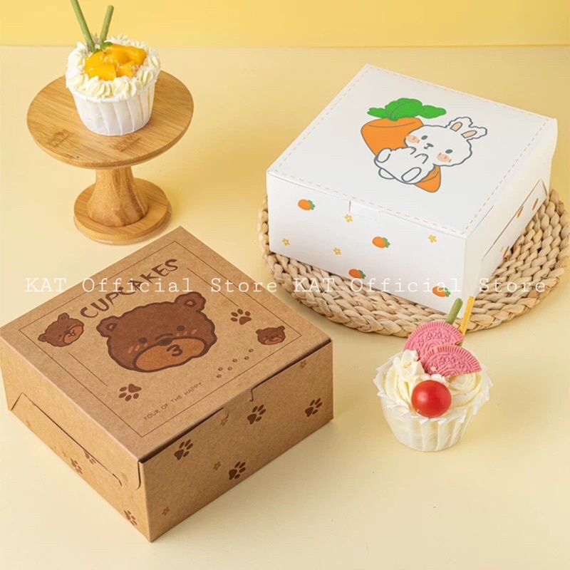 Hộp Giấy Đựng 4 Bánh Cupcake Hoạ Tiết Caro Hồng/ Gấu/ Thỏ