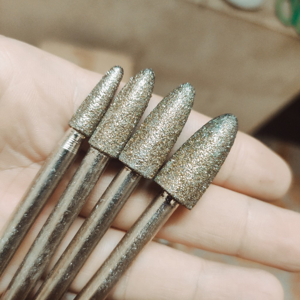 Combo 4 mũi mài kim cương, mũi mài khắc đá, ngọc, hình đầu đạn 6-8-10-12mm, cán 6mm