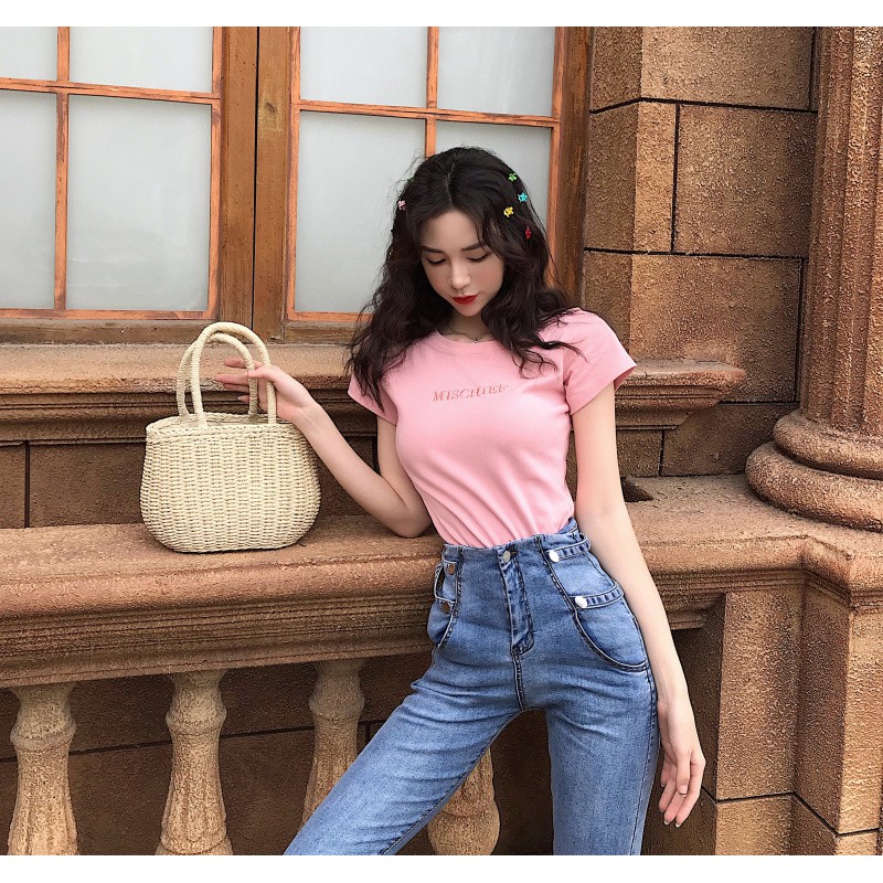 Áo thun nữ tay ngắn cố tròn thêu chữ phong cách Hàn Quốc