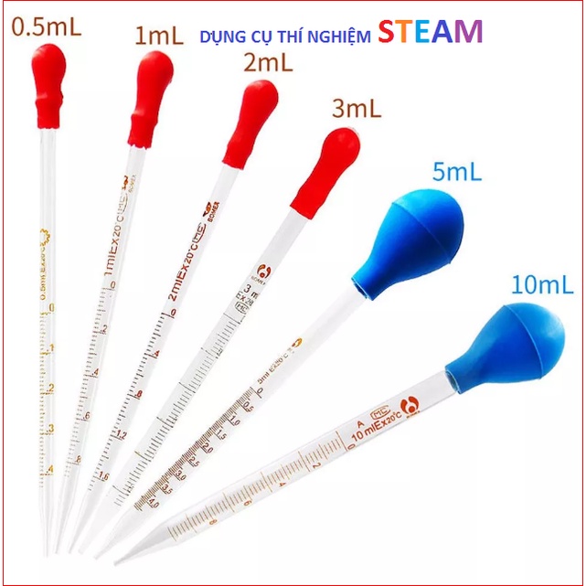 Ống hút pipet thủy tinh chia vạch 0.5ml 1ml 2ml 3ml 5ml 10ml  DÀI 20cm kèm quả bóp