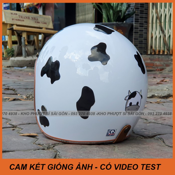 GIỐNG ẢNH - Mũ 3/4 bảo hiểm bò sữa đen siêu cute - Nón bảo hiểm trắng lót nâu lên decal bò sữa đen chống nước cao cấp