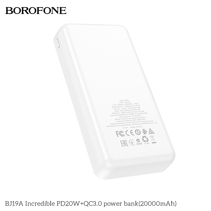 Pin sạc dự phòng 20000mAh BOROPHONE BJ19A sạc nhanh PD20W (cổng Type-C), có đèn báo LED, 1 cổng ra USB - Chính hãng