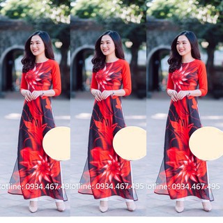 Áo dài Thúy Kiều lụa Nhật hoa đỏ đen H1