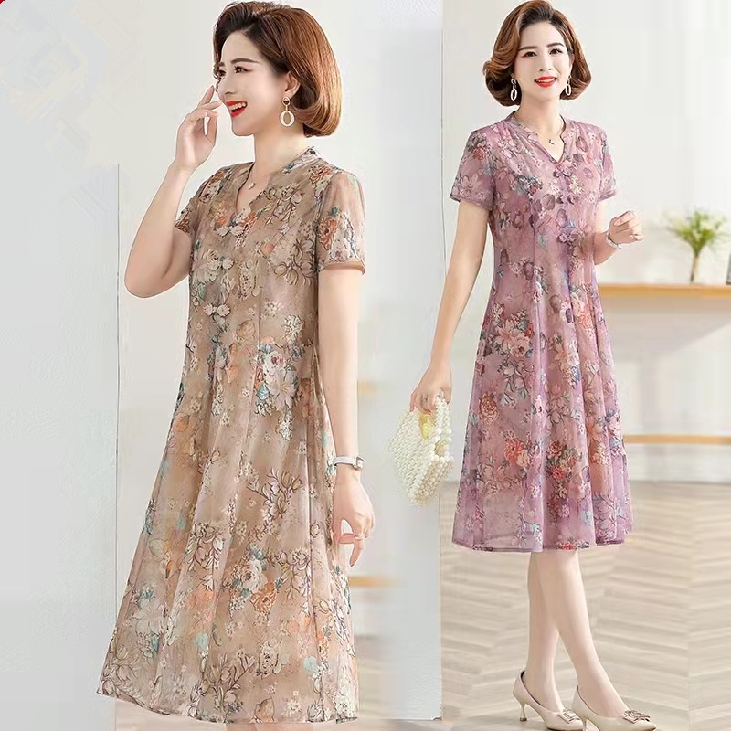 Đầm Tay Ngắn Cổ Chữ V Họa Tiết Hoa Thời Trang Mùa Hè Dành Cho Nữ Trung Niên 50 Tuổi