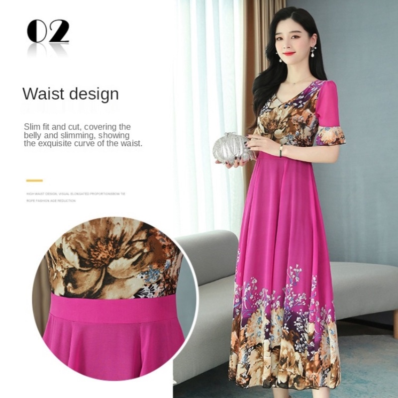 Summer New Style Korean Version of V-neck Ice Silk Print Dress Fashion Women's Waist Slimming Over-the-knee Long Skirt and Big Swing