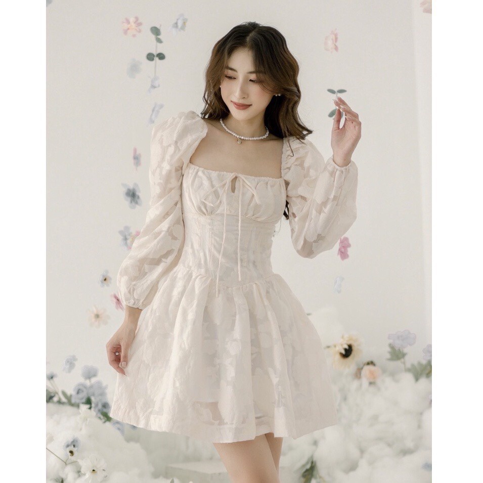 Đầm dáng xòe tay dài bồng chất ren hoa xinh xắn - Husio Dress