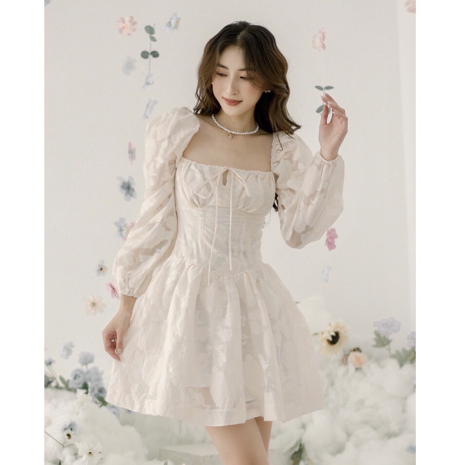 Đầm dáng xòe tay dài bồng chất ren hoa xinh xắn - Husio Dress | BigBuy360 - bigbuy360.vn