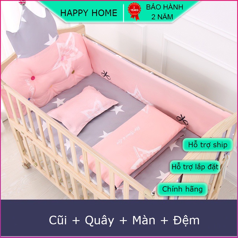 Cũi ngủ cho bé 2 tầng kèm  Nôi cũi gỗ cho bé đa chức năng chất liệu gỗ thông kích thước 105x60cm