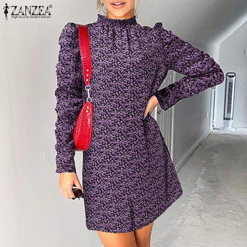 Đầm ngắn Zanzea cổ lọ tay dài in họa tiết phong cách Châu Âu thời trang dành cho nữ