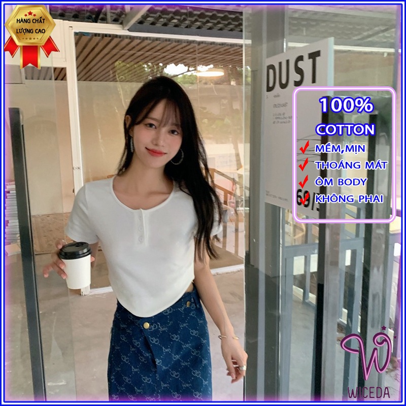 Áo croptop khoét eo cổ tròn xinh,áo thun kiểu đẹp chất liệu 100% cotton mềm mịn 4 màu đen trắng hồng ghi Wiceda AK280