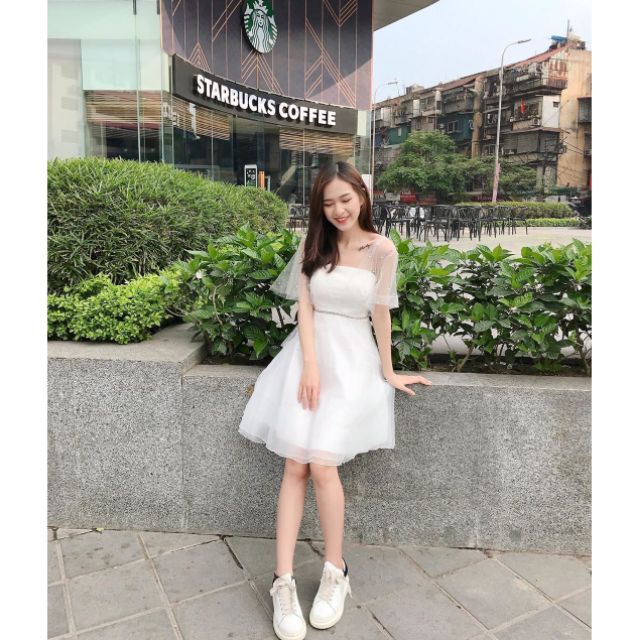 Váy trắng dự tiệc tay ren đính đá kèm ảnh thật MS04 khách chụp SẴN Size S, M