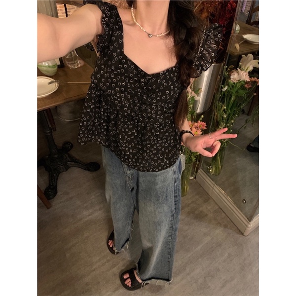 Áo babydoll hai dây đen hoạ tiết trái tim dễ thương Daliah Top Yannie