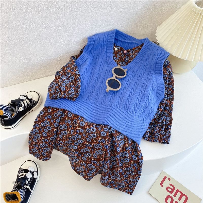 Set đầm hoa tay dài dáng rộng + áo khoác len không tay phong cách Retro dành cho nữ