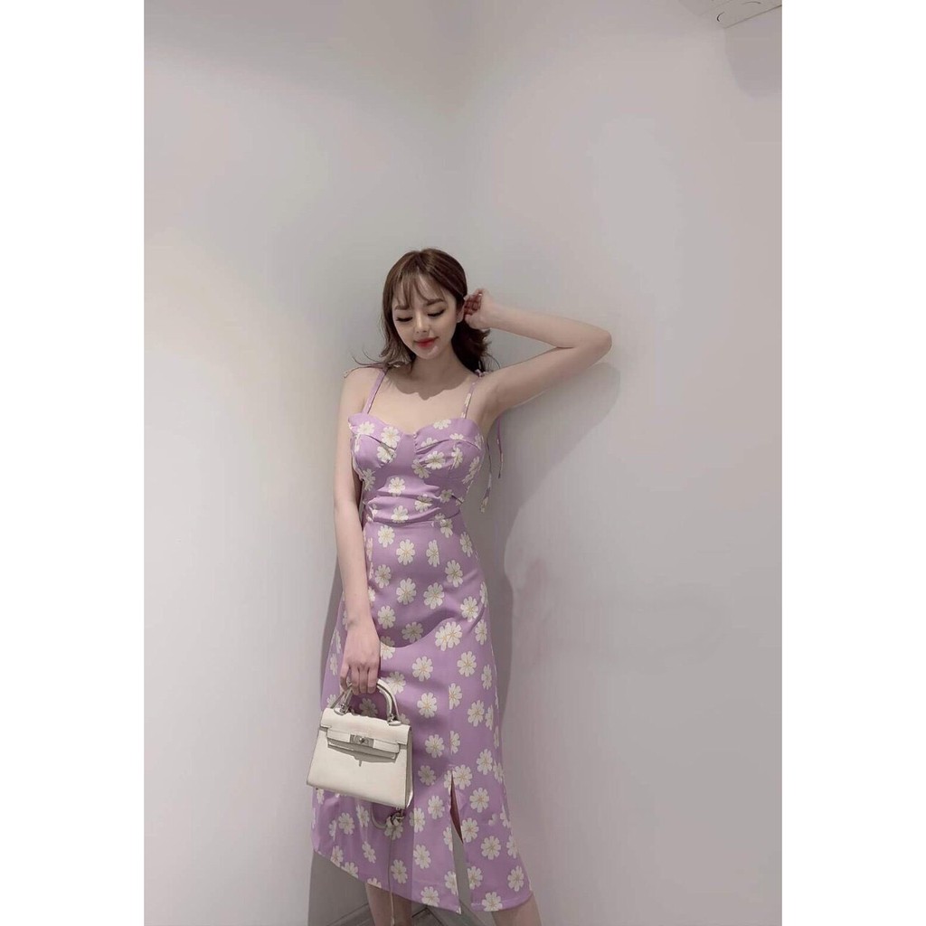 Vấy đầm nữ màu tím in bông cúc thời trang hot trend 2020