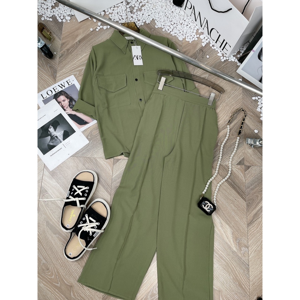 Set đũi xanh cổ đức mix quần ống sớ cao cấp