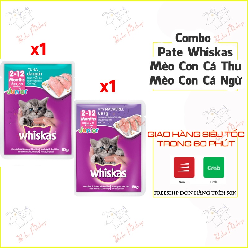 [DÀNH CHO MÈO CON] Combo 2 Gói Pate Mèo Con Whiskas 80g Thức Ăn Cho Mèo Vị Cá Ngừ Cá Thu - Bobo Pet Shop Hà Nội