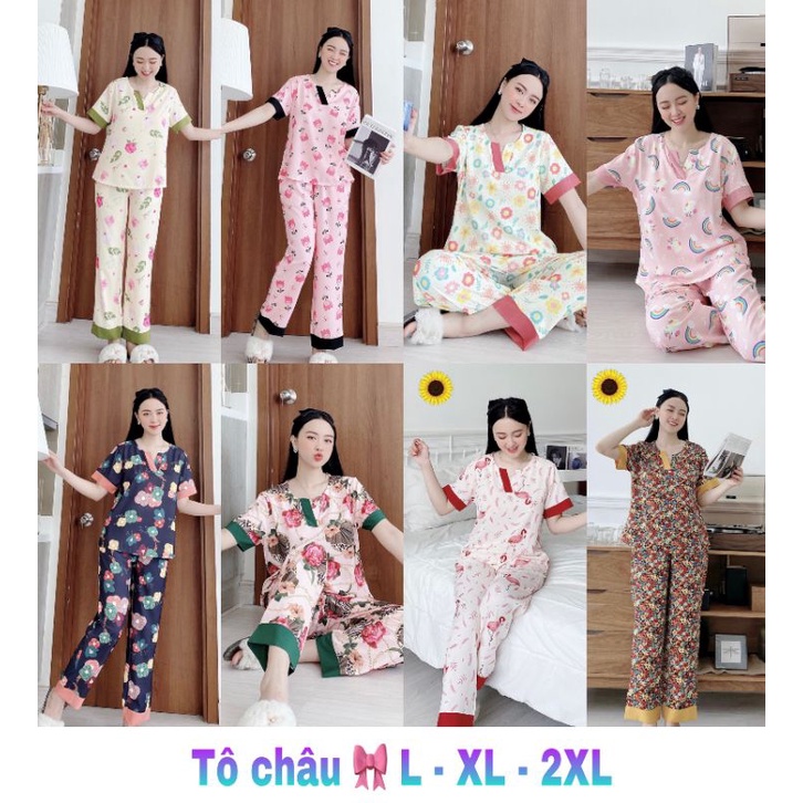 Bộ mặc nhà lụa tô châu Quần dài tay ngắn hoa văn