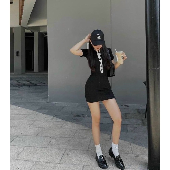 (Có BigSize) Đầm Váy Body Đen Cổ Trắng Tay Ngắn