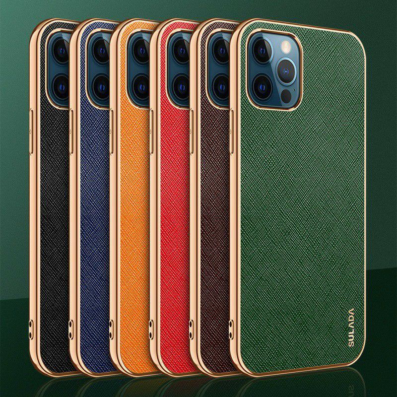 Ốp lưng SULADA da xước viền vàng cho iPhone Xs Max, 11, 11 Pro Max, 12, 12 Pro, 12 Pro Max Cực đẹp sang trọng