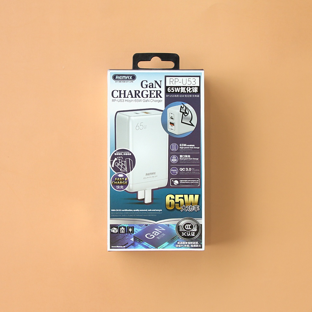 Củ sạc nhanh 2 cổng GaN 65W Remax RP-U53 hỗ trợ sạc nhanh 65w cho Smart phone laptop - Remax Việt Nam