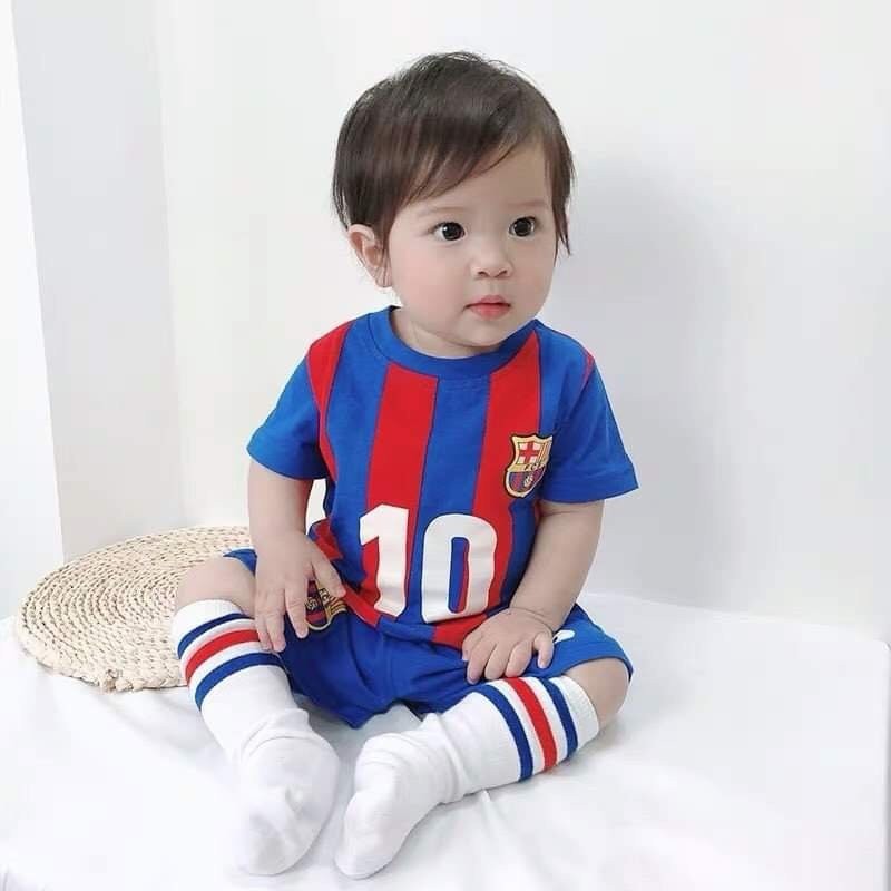 Bộ áo bóng đá trẻ em Xanh sọc Đỏ - In Tên in số theo yêu cầu