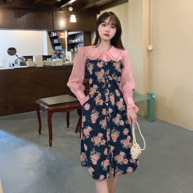 Set Đồ Nữ Váy Đầm Yếm Denim Hoa Nhí Nữ Đi Dự Tiệc Biển Áo Tay Phồng Cổ Điển Vintage Chali SD015