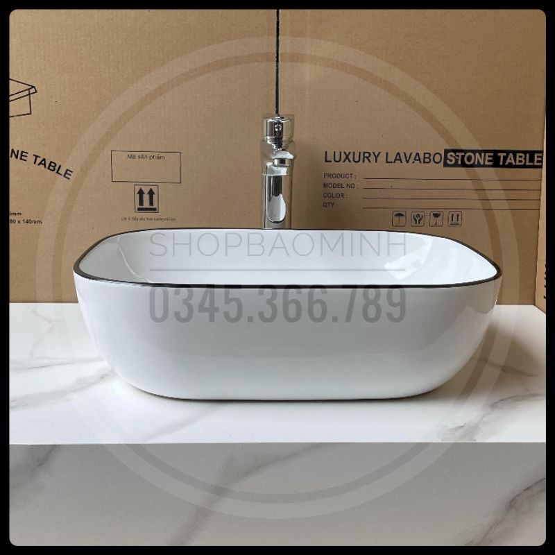 Chậu rửa mặt - Lavabo chữ nhật đặt bàn cao cấp, kích thước 46x33x14cm.