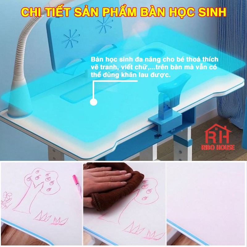 [TẶNG GIÁ ĐỠ IPAD] Bàn học cho bé RIBO HOUSE bàn học sinh 50x70cm, tăng chỉnh kích thước chống gù chống cận RIBO139