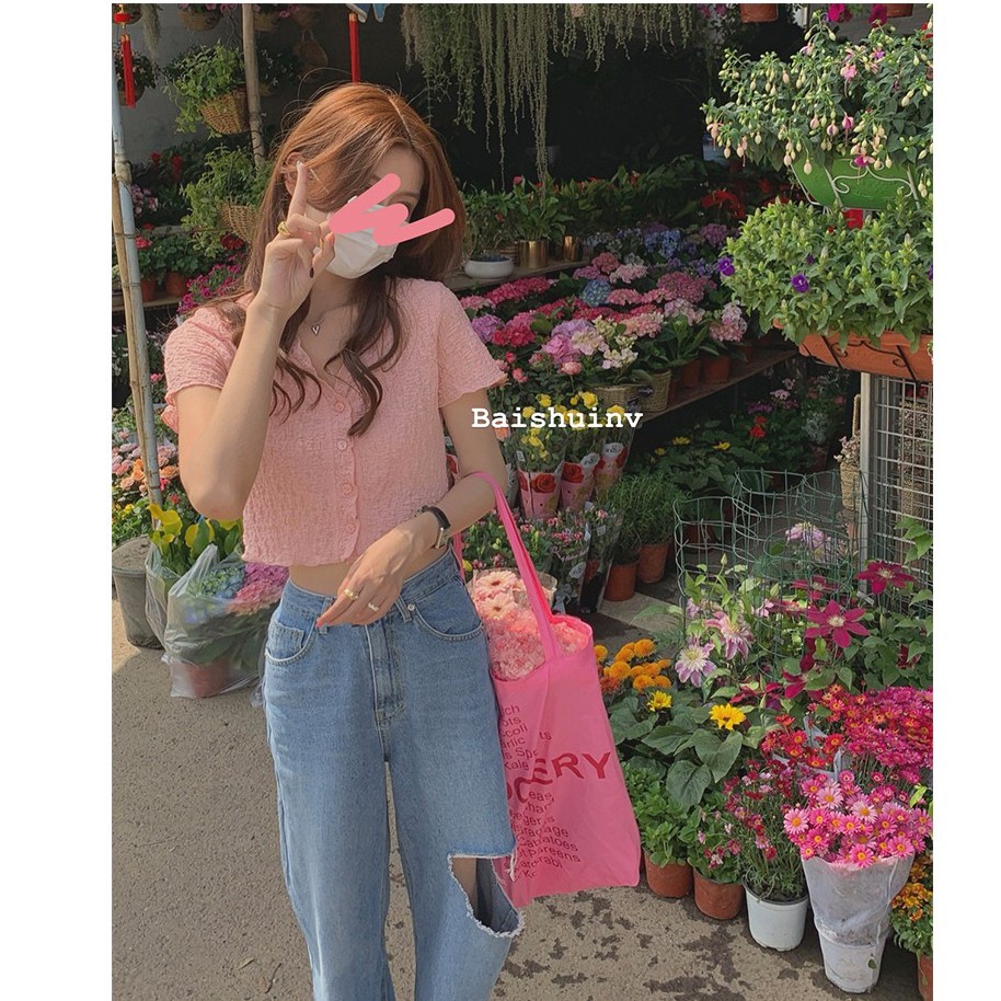 Cocory vn Áo kiểu croptop tay ngắn cổ chữ V cài nút thời trang mùa hè xinh xắn quyến rũ dành cho nữ