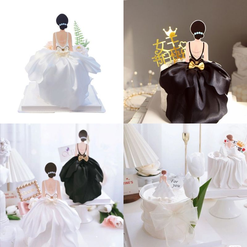 Que cắm cô gái váy vải lụa trang trí bánh kem sinh nhật