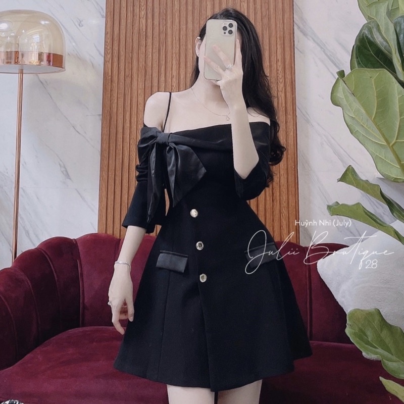 Đầm xoè 2 dây trễ vai nơ kết nút dọc (Ảnh chụp thật)