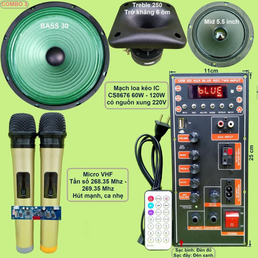 Mạch loa kéo 3 tấc đơn 3 đường tiếng CS8676 công suất 120W có nguồn xung 220V kèm Bass 3 tấc màng xanh Treble 250 Micro
