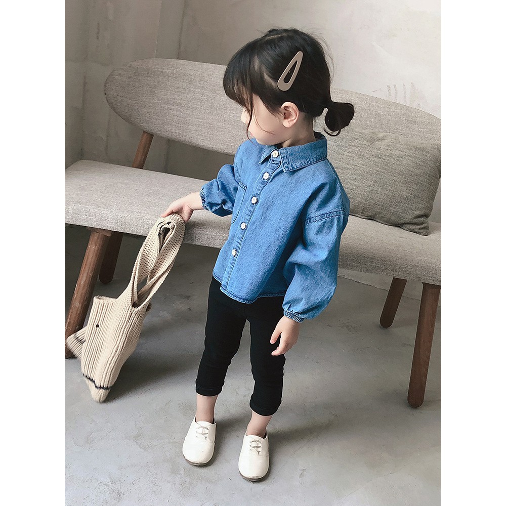 Áo sơ mi bé gái denim giản dị mùa thu 3-8 tuổi