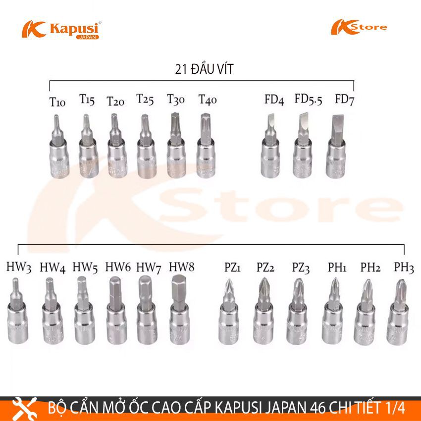 BỘ CẦN MỞ ỐC CAO CẤP KAPUSI JAPAN 46 CHI TIẾT 1/4 TIÊU CHUẨN NHẬT BẢN - BỘ KHẨU ĐA NĂNG MỞ BU LÔNG ỐC VÍT