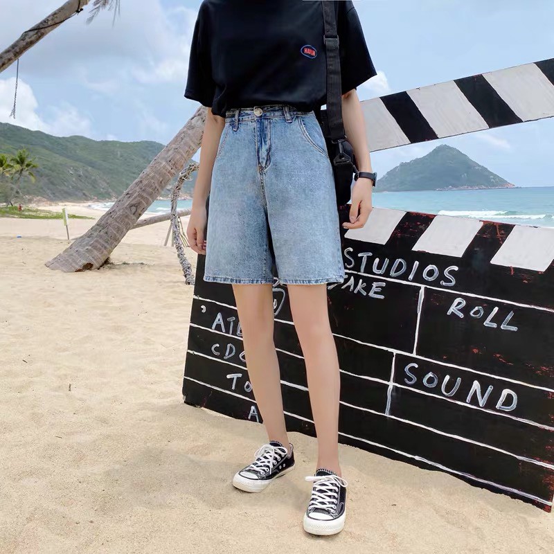 Quần short bò quần jeans ống xuông Forgirl rộng basic phối túi