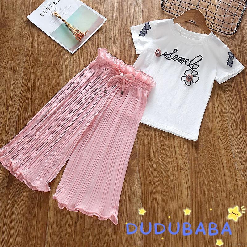 Set quần dài vải voan xếp ly kèm áo thun ngắn tay xinh xắn cho bé gái