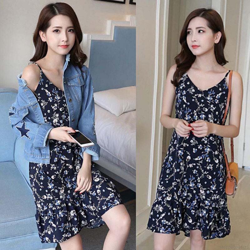 Đầm hai dây cổ chữ V hoạ tiết hoa thanh lịch vải chiffon nhẹ nhàng