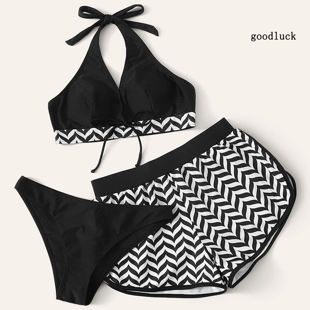 Bộ Đồ Bơi 3 Mảnh Quần Short Lưng Thun Phối Dây Cột Thời Trang Quyến Rũ Cho Nữ