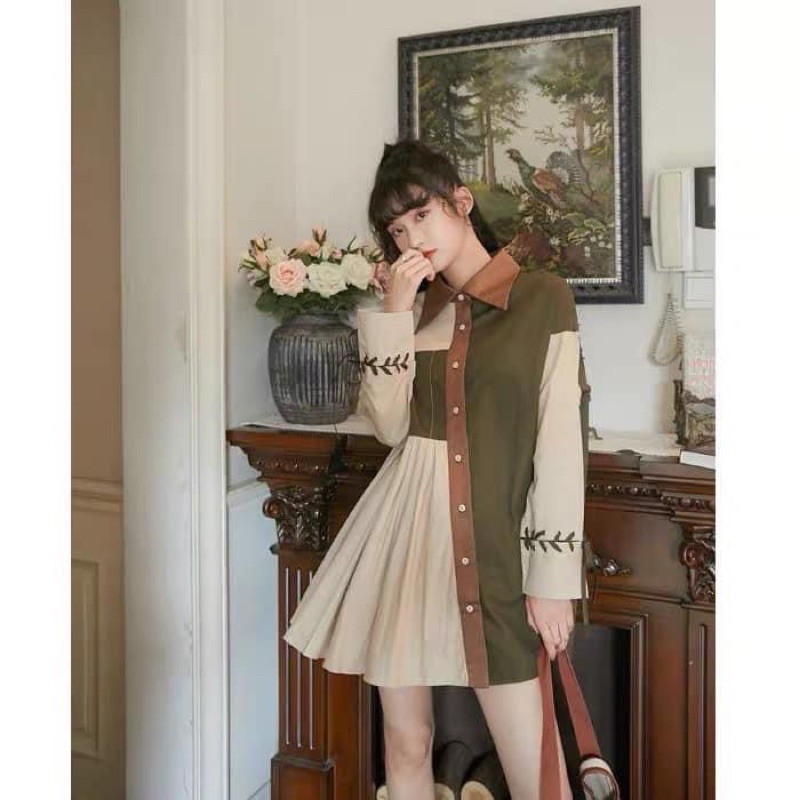 Áo sơ mi phối màu dáng váy giấu quần phom suông rộng dài tay dành cho nữ chất, cá tính thời trang phong cách Ulzzang Hàn | WebRaoVat - webraovat.net.vn