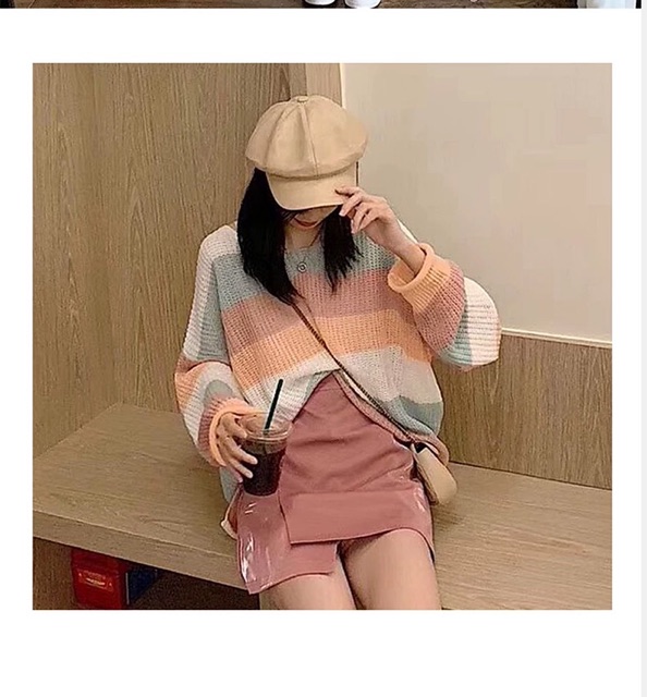 Set áo len kẻ ngang chân váy da ullzang có tách set