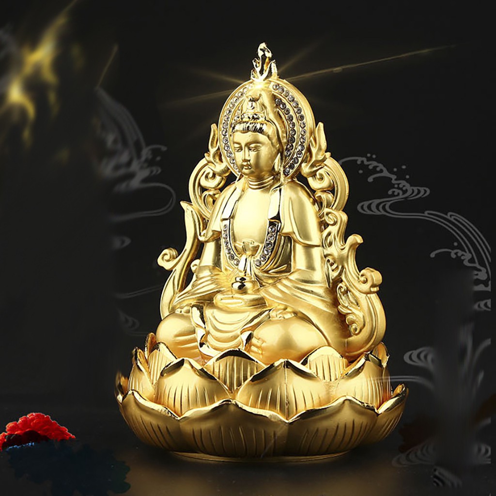 Tượng Phật Bà Quan Thế Âm Bồ Tát hai mặt trang trí Taplo Ô Tô Xe Hơi tọa đài sen vàng đính đá cao cấp