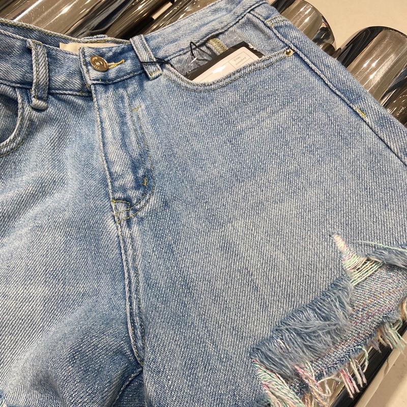 Quần Short Denim Dáng Chữ A Ống Rộng Lưng Cao Phối Màu Sắc Tương Phản 2022