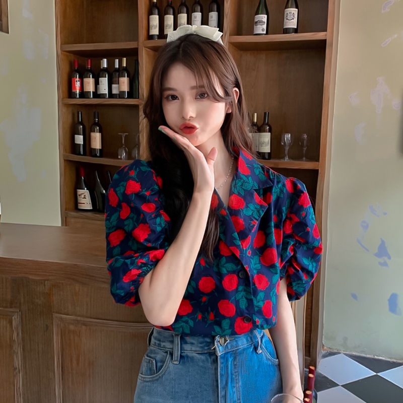 Áo Sơ Mi Tay Ngắn Phồng Họa Tiết Hoa Thời Trang Mùa Hè Cho Nữ