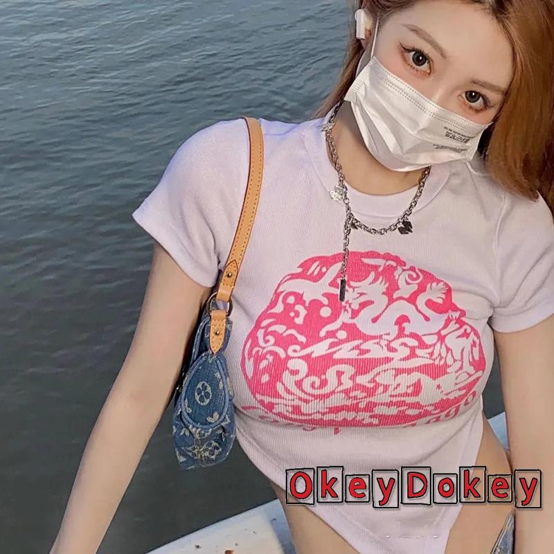 Áo Thun Crop Top Tay Ngắn Cổ Tròn In Họa Tiết Phong Cách Vintage Dành Cho Nữ