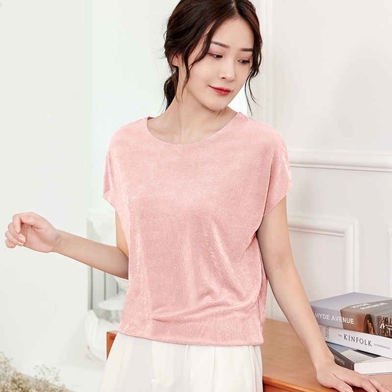 Áo Thun Tay Ngắn Cổ Tròn Vải Lụa Lạnh Mỏng Dáng Rộng Cỡ Lớn Thời Trang Cho Nữ Trung Niên