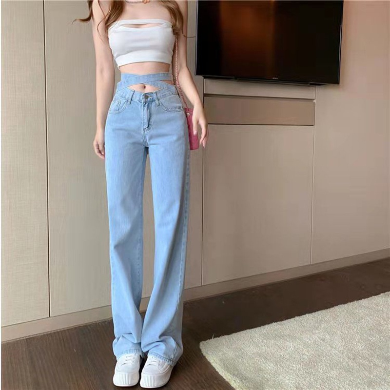 Quần IELGY denim lưng cao dáng rộng buộc dây phong cách đường phố thời trang dành cho nữ