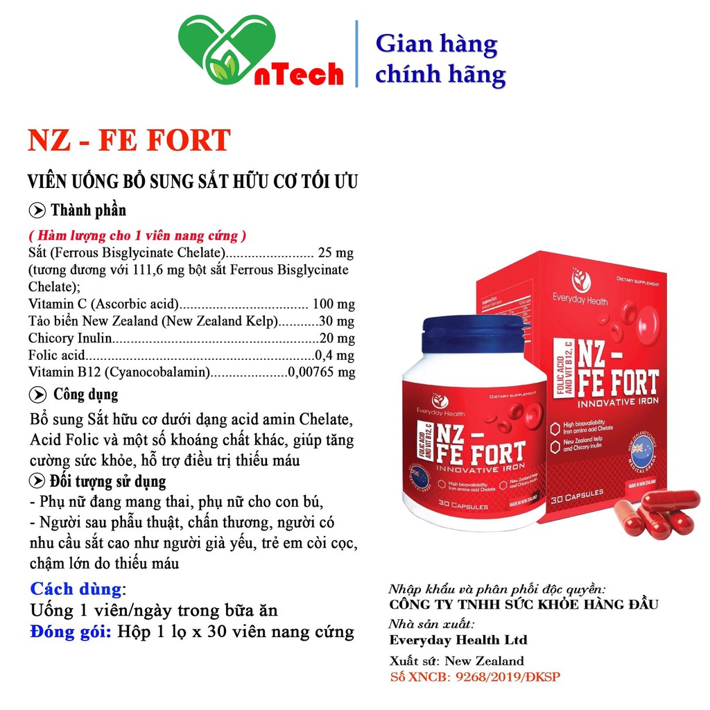 Viên uống Everyday Health NZ - FE FORT bổ sung sắt hữu cơ nano sắt hỗ trợ điều trị bệnh thiếu máu hộp 60 viên