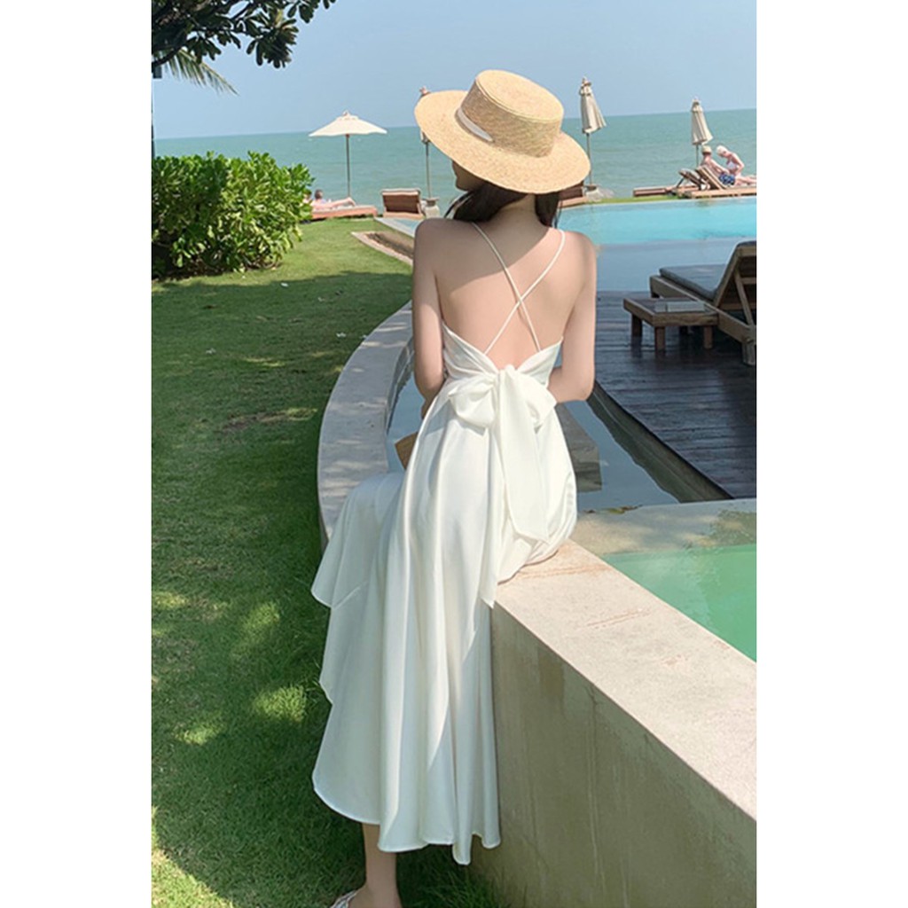 (ORDER- sẵn Trắng S,L) Váy maxi trắng đi biển mùa hè hở lưng đan chéo gợi cảm thắt nơ vintage mùa hè