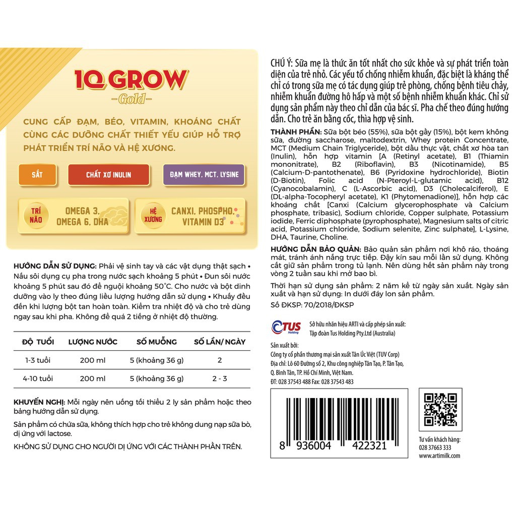 (Siêu khuyến mãi) Sữa Arti IQ Grow Gold 900g - NPP chính hãng